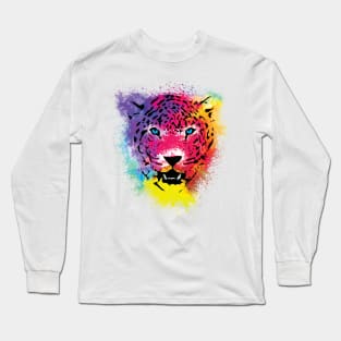 Colorful Tiger Face Vibrant Paint Splatters Long Sleeve T-Shirt